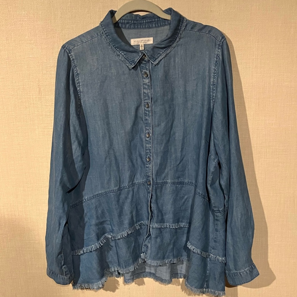Side Stitch Tencera Long Sleeve Button Front Peplum Top - XL (#134)